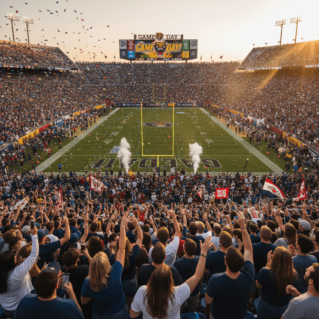 College football game day crowd celebration at stadium