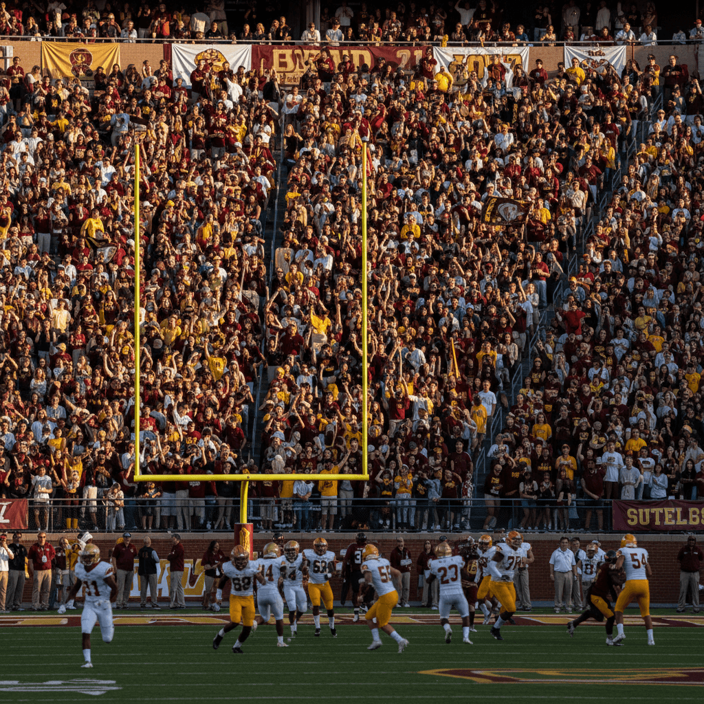 Packed college football stadium during Labor Day game with enthusiastic crowd