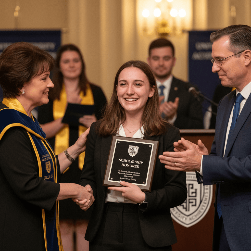 Student scholarship recognition moment at event