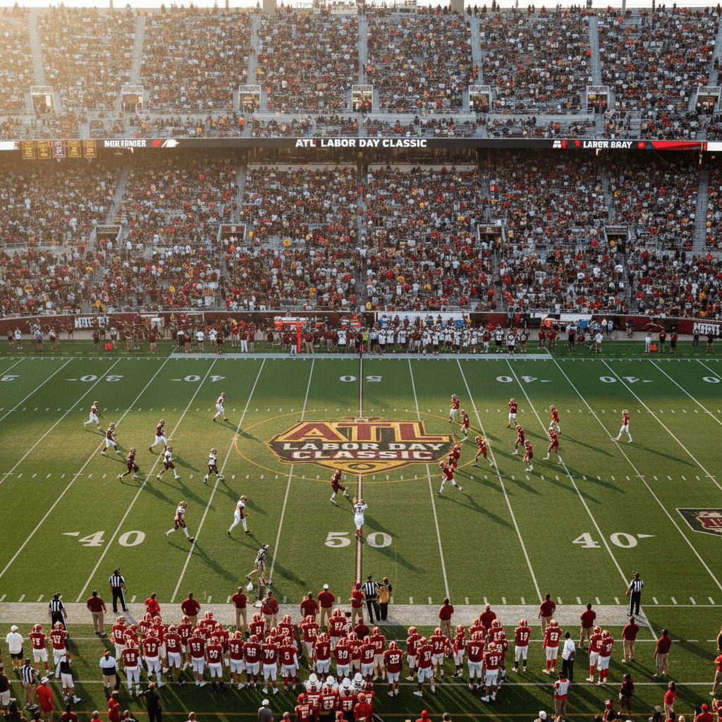 ATL Labor Day Classic football game with packed stadium during kickoff
